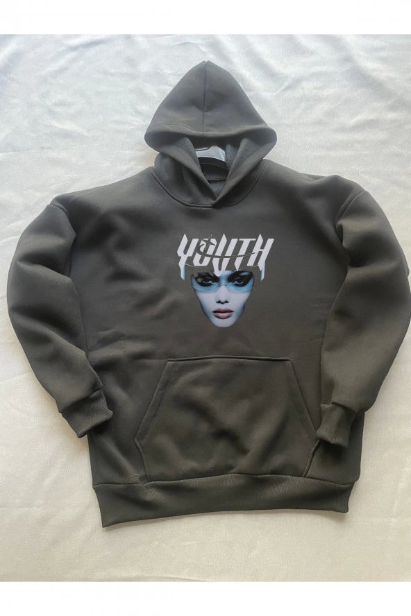 Youth Baskılı Siyah Erkek Kapüşonlu 3 iplik Şardonlu Ribanalı Sweatshirt Hoodie - 3