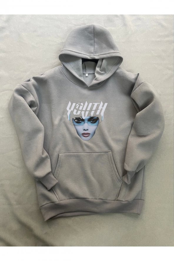 Youth Baskılı Gri Erkek Kapüşonlu 3 iplik Şardonlu Ribanalı Sweatshirt Hoodie - 3