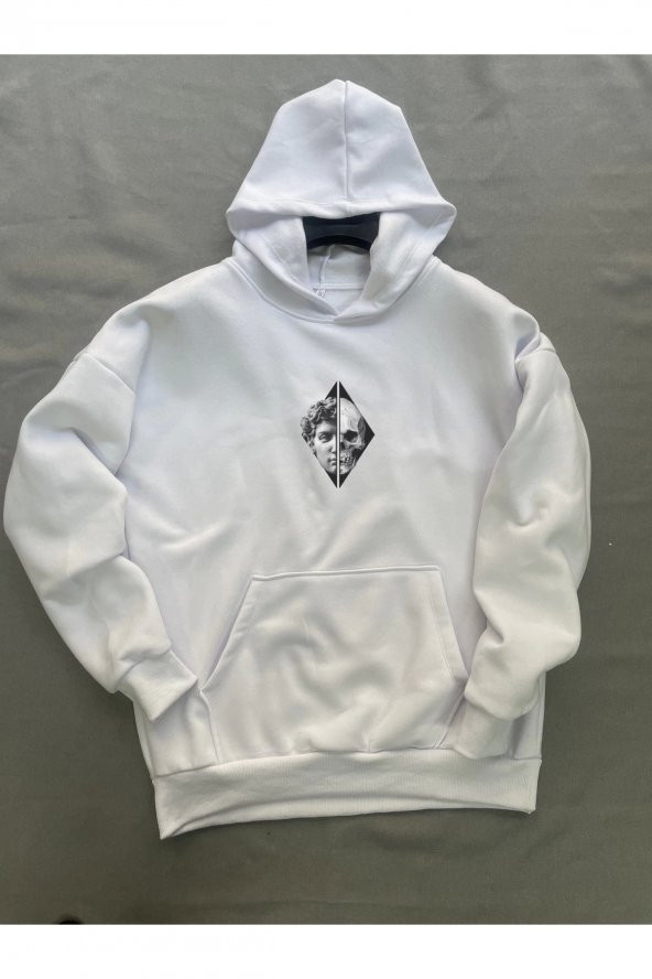 Skull Baskılı Beyaz Erkek Kapüşonlu 3 iplik Şardonlu Ribanalı Sweatshirt Hoodie - 3