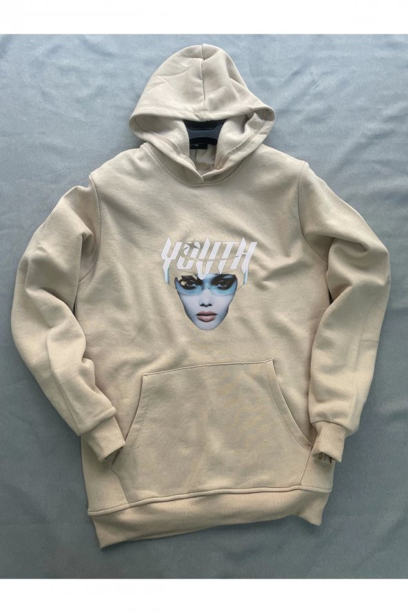 Youth Baskılı Bej Erkek Kapüşonlu 3 iplik Şardonlu Ribanalı Kanguru Cepli Sweatshirt Hoodie - 3