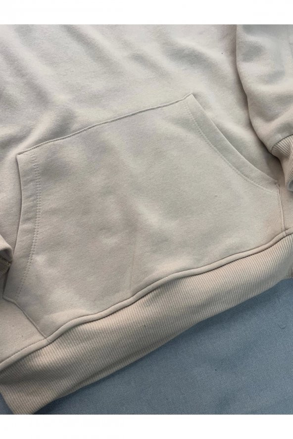 Skull Baskılı Bej Erkek Kapüşonlu 3 iplik Şardonlu Ribanalı Sweatshirt Hoodie - 6