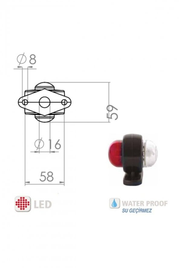 Mini Takoz Tek Ledli Kırmızı-Beyaz 12v-24v - 3