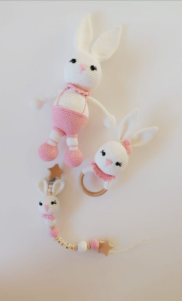 Yeni Doğan Uzun Kulak Tavşan Seti Amigurumi Organik Oyuncak - 2