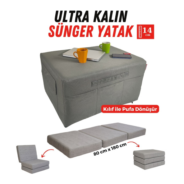 Ultra Kalın Katlanır Sünger Yatak, Yer Yatağı, Katlanır Yer Minderi, Misafir Yatağı 80x180x14Gri