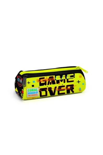 Kids Siyah Neon Sarı Game Over Desenli Üç Bölmeli Kalem Çantası 22028 alithestereo