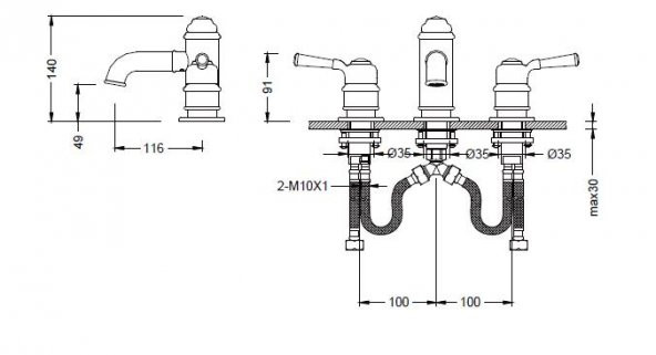 Bocchi Burlington Üç Delikli Lavabo Bataryası Saten Nikel 1004-0004-BN - Resim 2