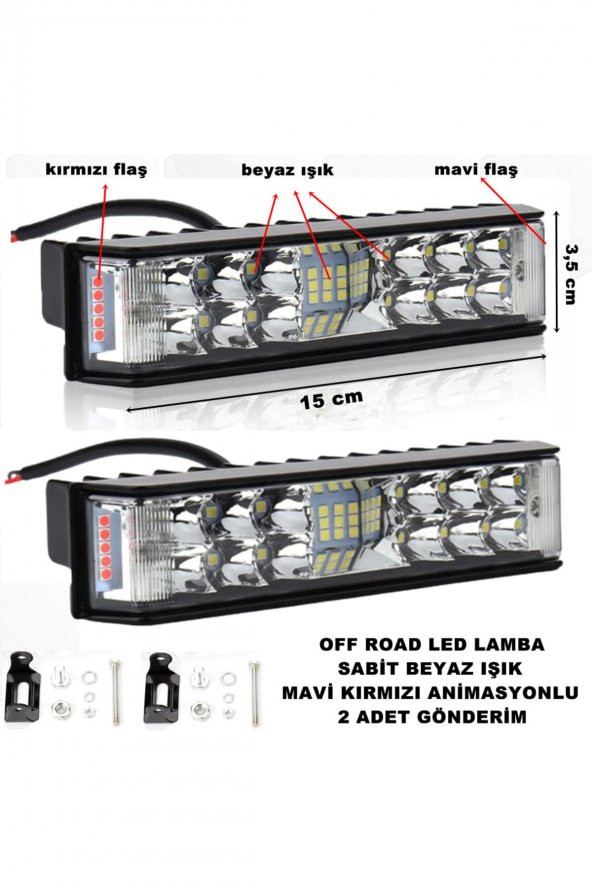 Off Road Power Led Lamba Metal Kasa Beyaz Sabit - Mavi Kırmızı Animasyon 3,5 X 15 Cm 2 Adet -