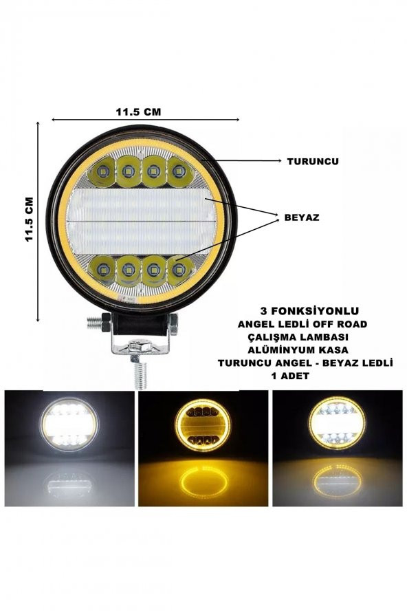 Off Road Oval Çalışma Lambası Turuncu Angel-beyaz Ledli 3 Fonksiyon 11,5 X 11,5 Cm 1 Adet