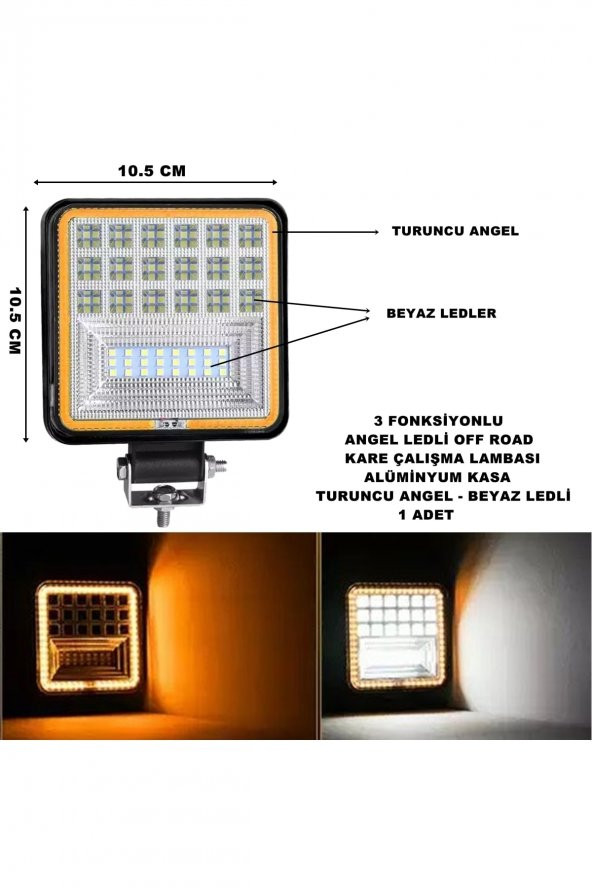 Off Road Uyumlu Kare Çalışma Lambası Turuncu Angel-beyaz Ledli 3 Fonksiyon 10,5 X 10,5 Cm 1 Adet -