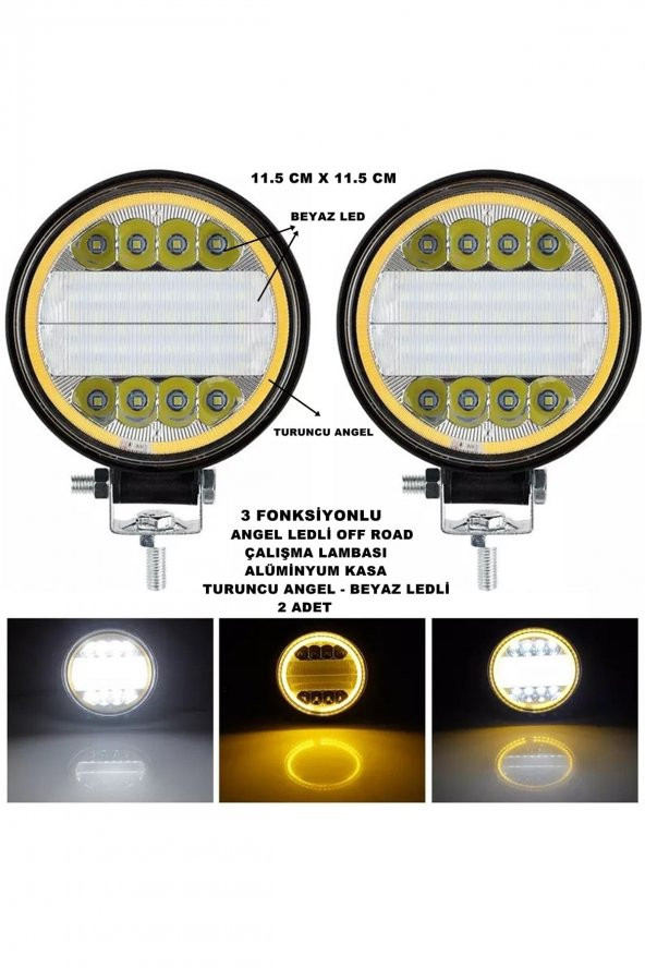 Off Road  Uyumlu Oval Çalışma Lambası Turuncu Angel-beyaz Ledli 3 Fonksiyon 11,5 X 11,5 Cm 2 Adet -