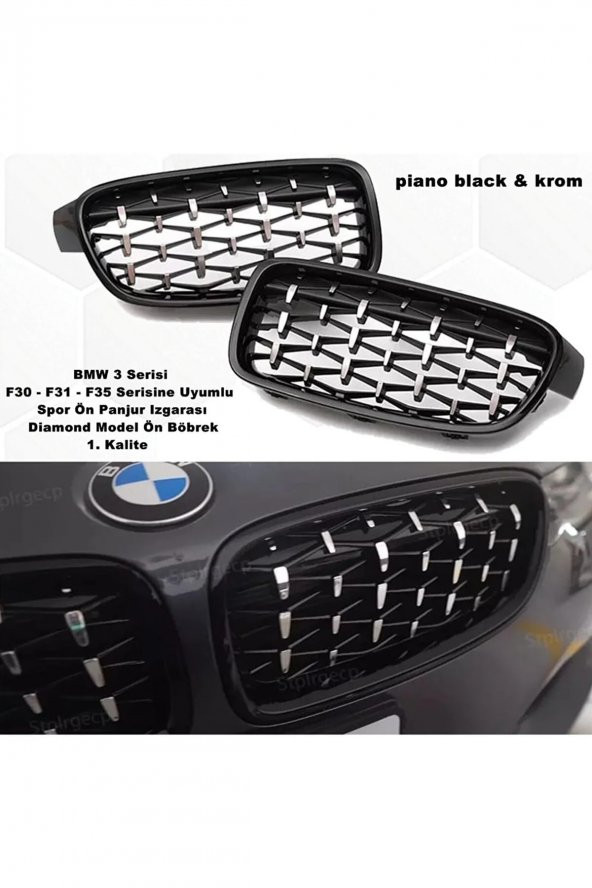 Bmw F35 3 Serisi Diamond Ön Panjur Izgara Böbrek Piano Black & Krom 1. Kalite