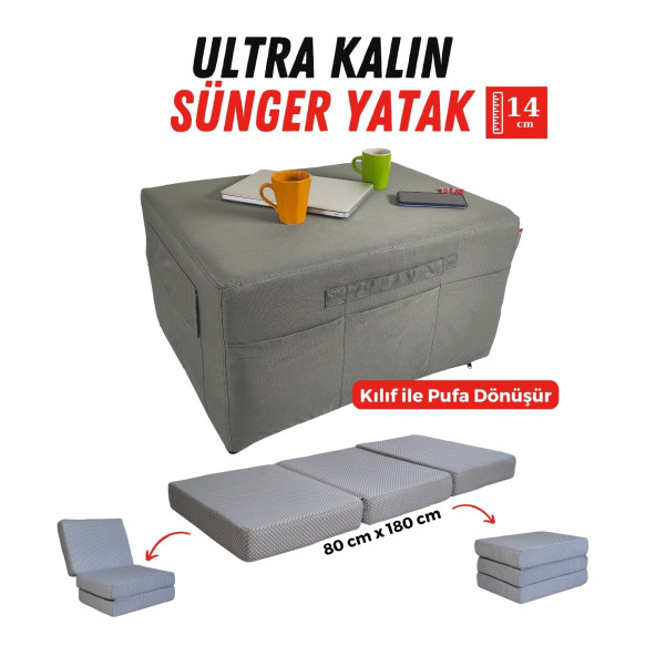 Ultra Kalın Katlanır Sünger Yatak, Yer Yatağı, Katlanır Yer Minderi, Misafir Yatağı 80x180x14 Gri Puantiyeli