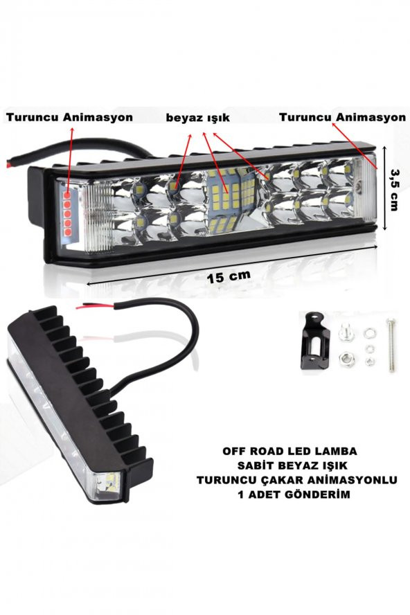 Off Road Power Led Lamba Metal Kasa Beyaz Sabit Led - Turuncu Animasyonlu 3,5 X 15 Cm 1 Adet -