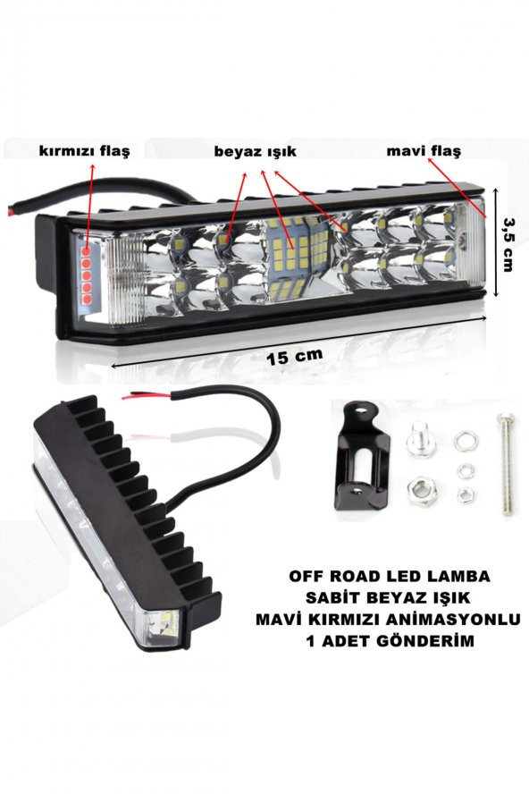 Off Road Power Led Lamba Metal Kasa Beyaz Sabit - Mavi Kırmızı Animasyon 3,5 X 15 Cm 1 Adet -