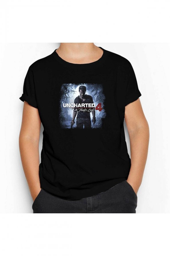 Uncharted 4 Nathan Drake Poster Siyah Çocuk Tişört 13-14 Yaş