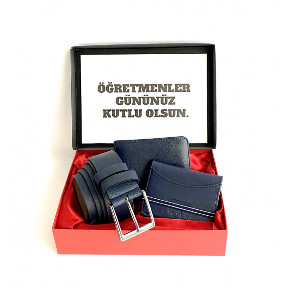 Erkek Set Kombin Lacivert Kemer Cüzdan Kartlık Şık Hediyelik Orijinal Kutusunda