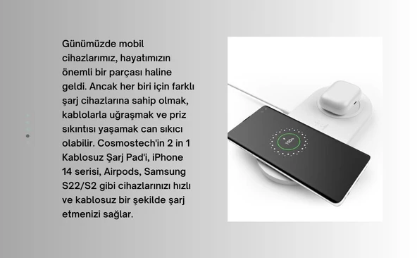 Cosmostech 2 in 1 Kablosuz Şarj Cihaz ve Standı, Wireless Charger Kablosuz Şarj Özelliği Olan Tüm Cihazlar ile Uyumlu - 3
