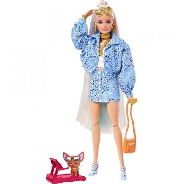 Orjinal Barbie Extra Bebek Mavi Takımlı Barbie Extra ve Yavru Köpek