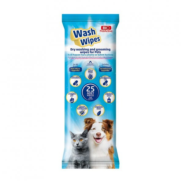 Bio PetActive Wash Wipes Kedi ve Köpek İçin Islak Temizlik Havlusu 25 Adet