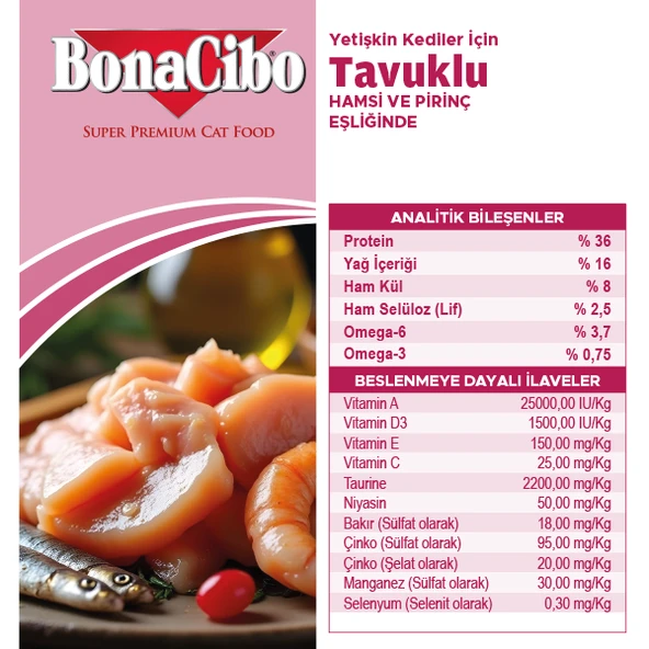 BonaCibo Adult Cat Tavuklu (Hamsi ve Pirinç eşliğinde) Yetişkin Kedi Maması 2 Paket X 2 Kg - 4