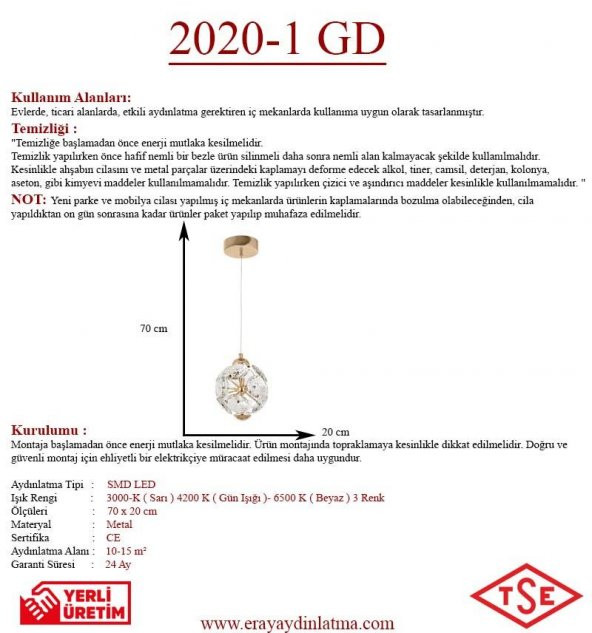 Eray Aydınlatma 2020-1 GD Tekli Sarkıt Led Avize - 3