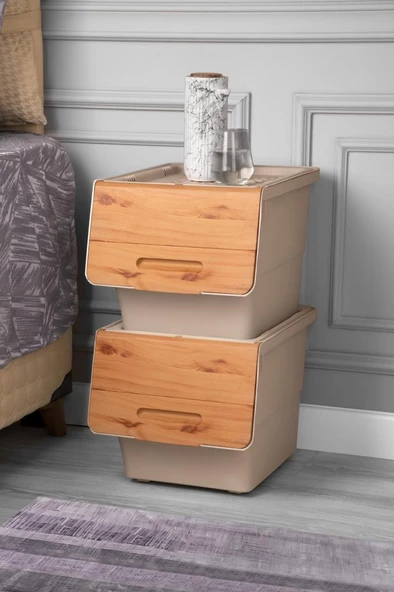 Motek Patateslik Soğanlık Sepeti Oyuncak Kutusu Tekerlekli Organızer Çok Amaçlı Kutu 2X12Lt-Bambu+Krem