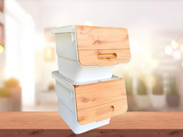 Motek Patateslik Soğanlık Sepeti Oyuncak Kutusu Tekerlekli Organızer Çok Amaçlı Kutu 2X12Lt-Bambu+Krem - 3