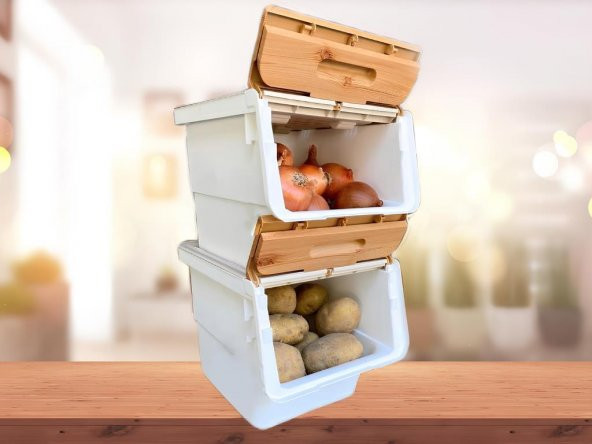 Motek Patateslik Soğanlık Sepeti Oyuncak Kutusu Tekerlekli Organızer Çok Amaçlı Kutu 2X12Lt-Bambu+Krem - 4