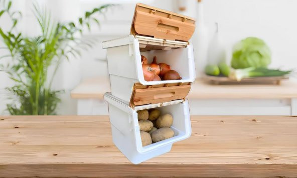 Motek Patateslik Soğanlık Sepeti Oyuncak Kutusu Tekerlekli Organızer Çok Amaçlı Kutu 2X12Lt-Bambu+Krem - 5
