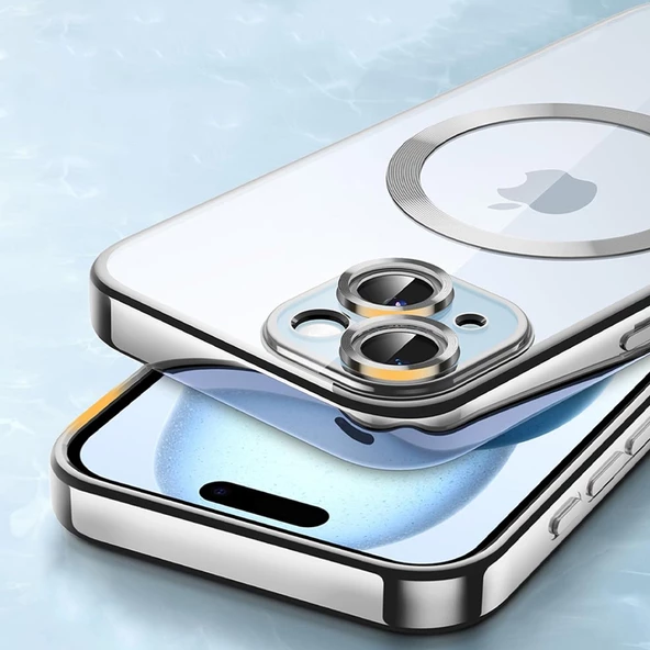 iPhone 15 Pro Max Kılıf Magsafe Özellikli Metal Lazer Silikon Kapak - 6