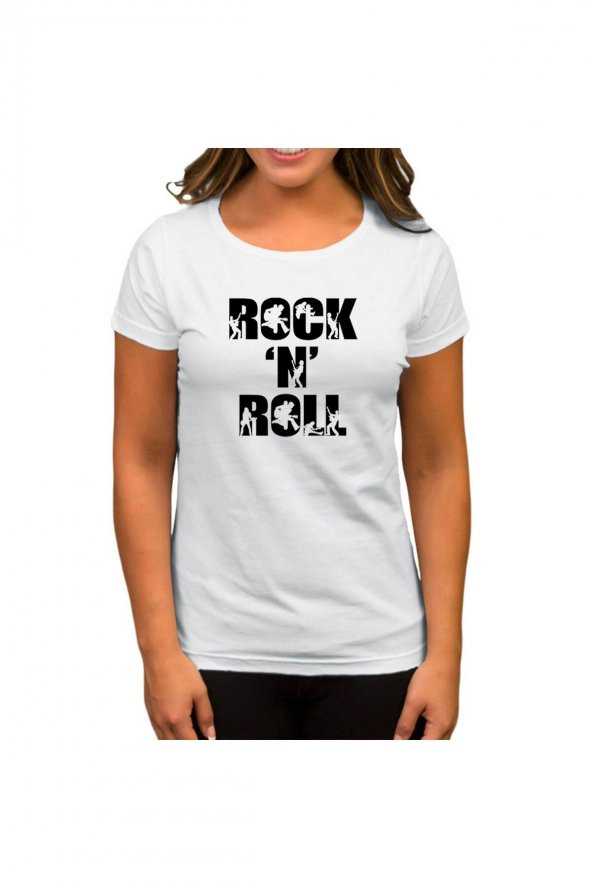 Black Rock N Roll Text Beyaz Kadın Tişört XS Beden