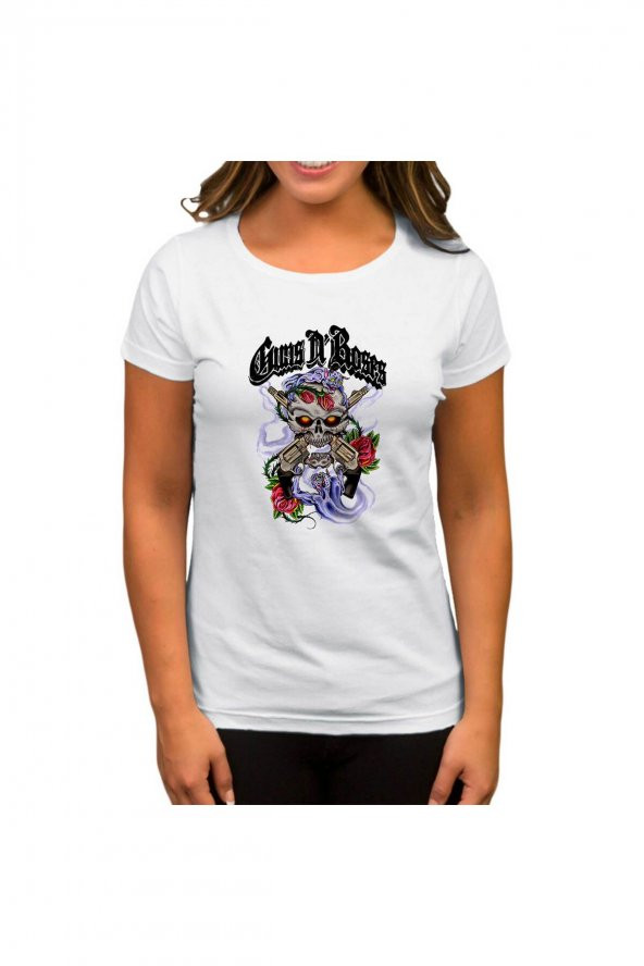 Guns N Roses Skull and Gun Beyaz Kadın Tişört L Beden