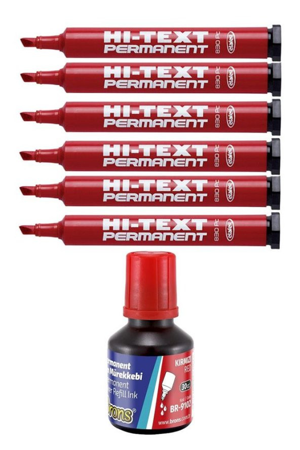 Kırmızı Kesik Uçlu Markör Permanent Kalem 6 Adet Hı-Text Marker Mürekkep Kırmızı 30 Ml 1 Adet Brons Koli Kalemi