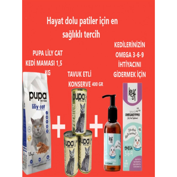 KISIRLAŞTIRILMIŞ  KEDİ MAMASI 1,5 KG+KEDİ KONSERVE 400 GR X 3 ADET +KEYF OMEGA( 3,6,9 ) 100 ML