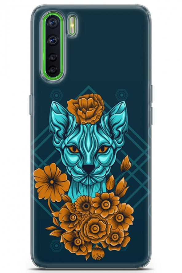 Oppo Reno 3 Uyumlu Kılıf Sfenks 13 Yeşil Kedi Case Kapak Mavi