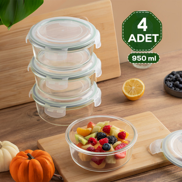Porsima Por Sızdırmaz Kilitli Kapaklı Çok Amaçlı 4 lü Gıda Erzak Cam Saklama Kabı 950 ml - Gri