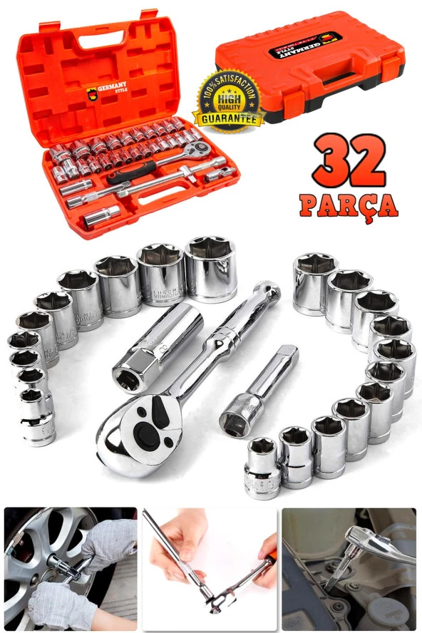 GERMANY STYLE Profesyonel Büyük BOY Parlak 32 Parça Cırcırlı Lokma Takımı 12 Cr-v Çeliği