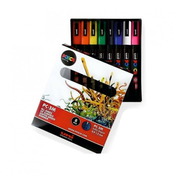 Uni Posca Pc-3m 0.9-1.3 Su Bazlı Boyama Markörü Seti Ana Renkler 8 Renk
