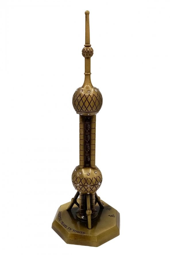 Vintage Metal Shanghai Oriental Pearl Tv Tower Biblo Antik Bronz 25 cm - Resim 9