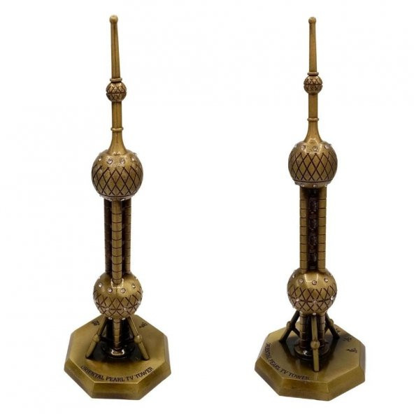 Vintage Metal Shanghai Oriental Pearl Tv Tower Biblo Antik Bronz 14 cm - Resim 4