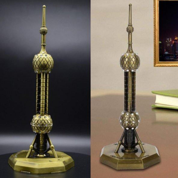 Vintage Metal Shanghai Oriental Pearl Tv Tower Biblo Antik Bronz 14 cm - Resim 5