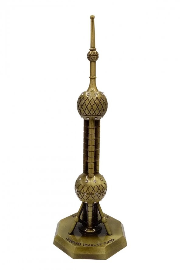 Vintage Metal Shanghai Oriental Pearl Tv Tower Biblo Antik Bronz 14 cm - Resim 7