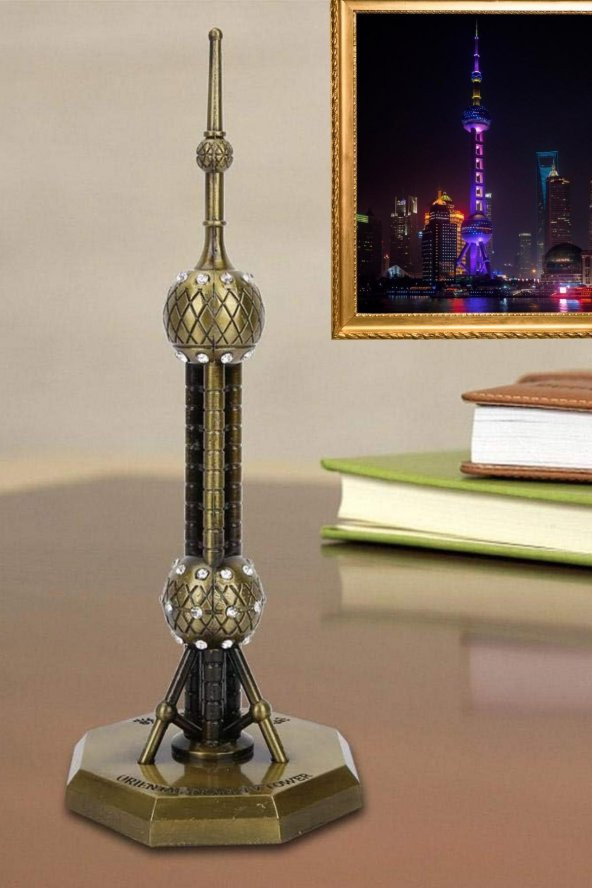 Vintage Metal Shanghai Oriental Pearl Tv Tower Biblo Antik Bronz 14 cm - Resim 10