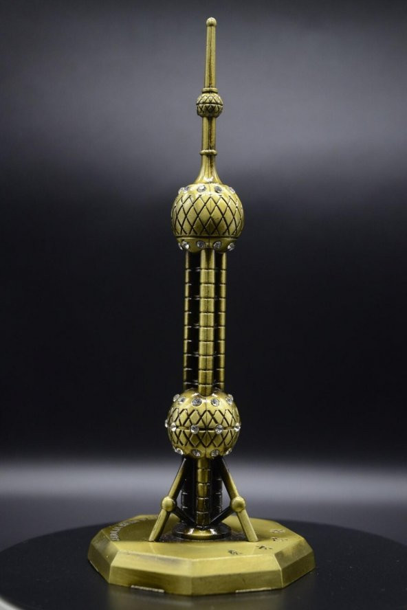 Vintage Metal Shanghai Oriental Pearl Tv Tower Biblo Antik Bronz 14 cm - Resim 11