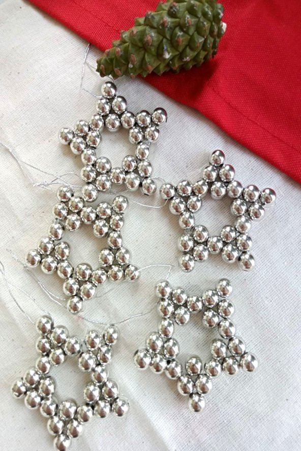 Silver Stars - 5 Adet Parlak Gümüş Yıldız Dekoratif Süs - Kapı Süsü - Yılbaşı Süsü - Ağaç Süsü - 2
