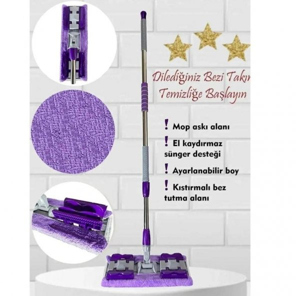 Mor Teleskopik Mandallı Mikrofiber Sihirli Mop Yüzey Temizleyici (duvar,fayans,yer,cam) - 11
