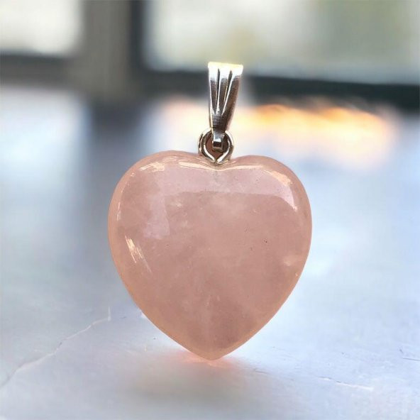Pembe Kuvars Kalp Doğal Taş Kolye Ucu - 3