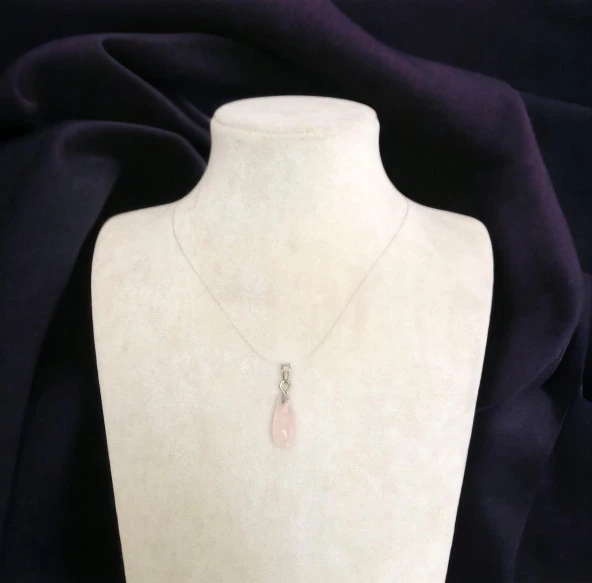 Pembe Kuvars Damla Doğal Taş Çelik Zincirli Kolye - 2