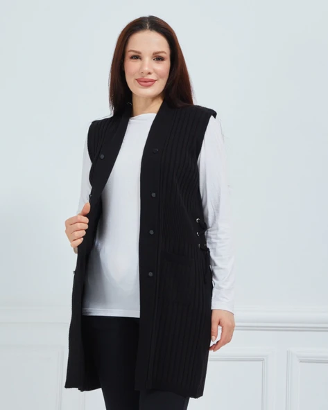 Kadın Standart Triko Mevsimlik Cepli Günlük Yelek - 3