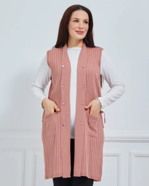 Kadın Standart Triko Mevsimlik Cepli Günlük Yelek - 9